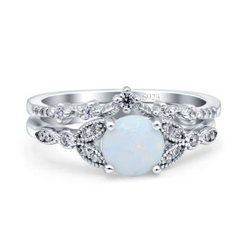 Two Piece Vintage Style Wedding Bridal Set Ring Band Round Lab Created White Opal 925 Sterling Silver